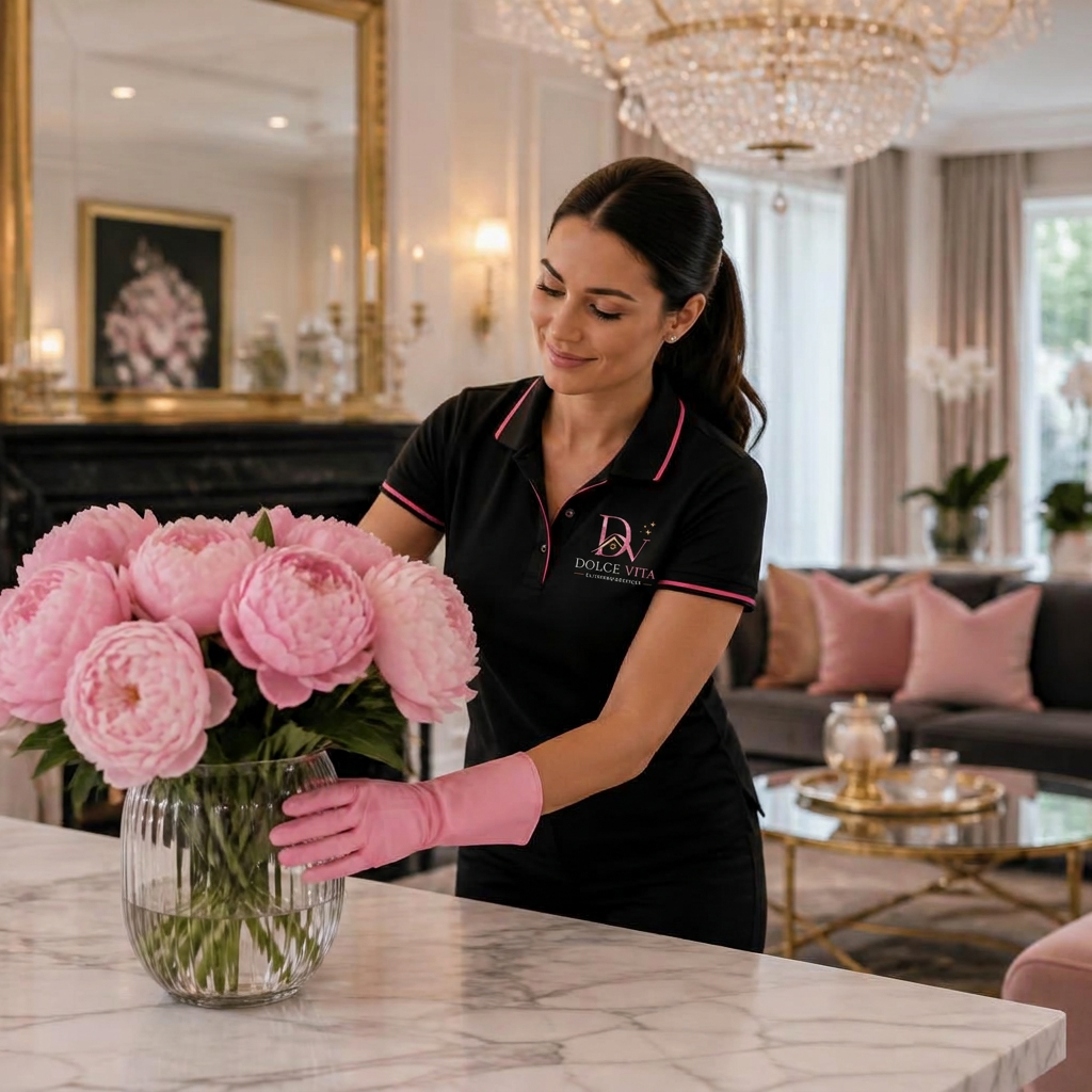 Dolce Vita cleaner arranging fresh flowers in an elegant home